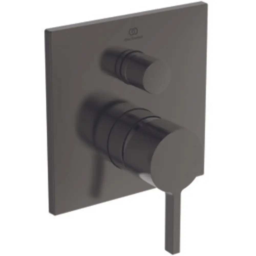 Wandmontierte Mischbatterie von Ideal Standard in mattem Grau mit zwei Bedienelementen für Temperatur und Wasserfluss. Schlichtes, modernes Design.